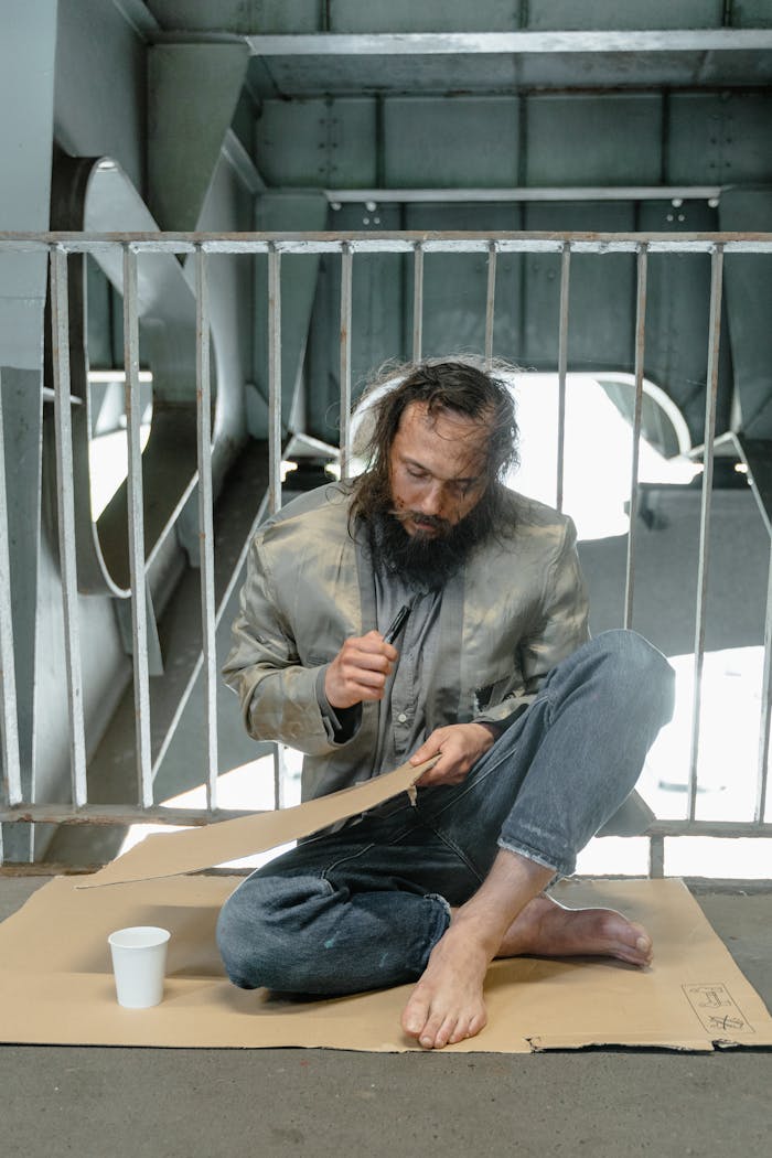A homeless man sits on cardboard with a cup, writing a sign under a bridge.